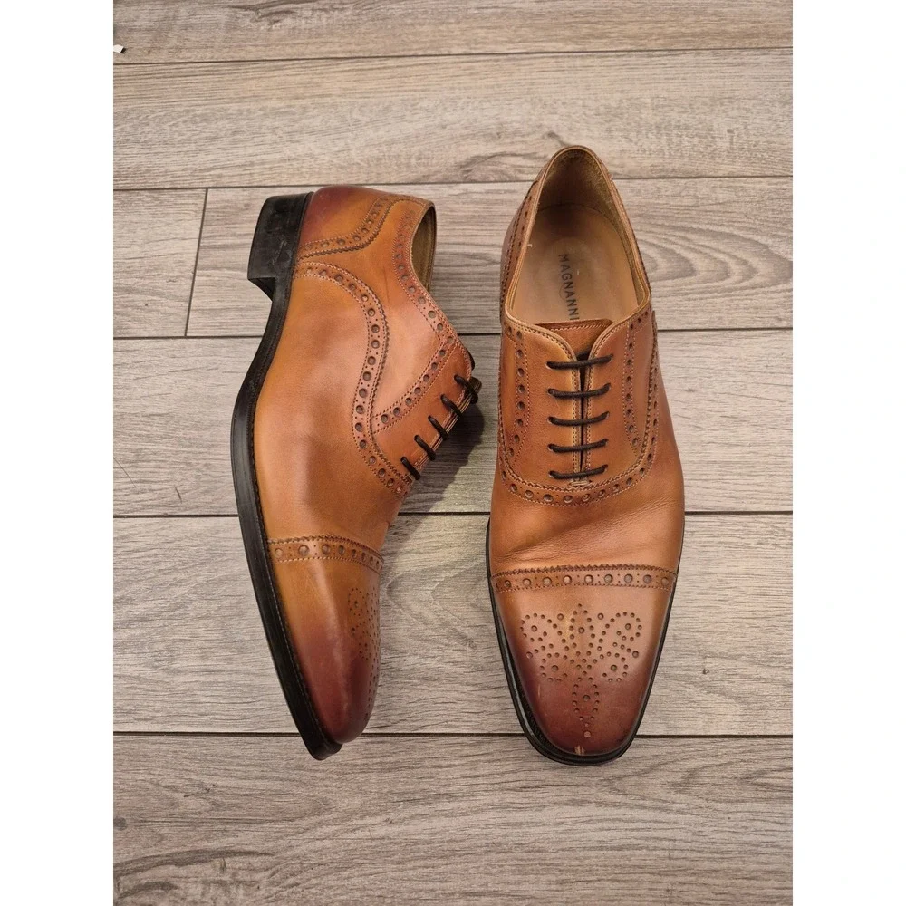 Magnanni Mens Cognac Leather Brogue Cap‎ Toe Oxford Dress Shoes 19399 Size 9.5 M